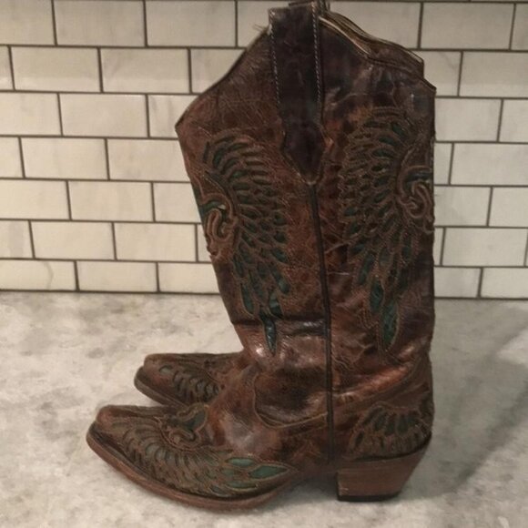 Corral Boots Womens Size 7 Brown Leather Western Fleur de Lis Inlay Snip Toe - Picture 3 of 12